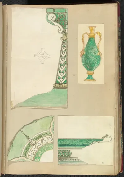 Designs for a Candlestick, Two Handled Vase, Decorated Plate and Footed Dish