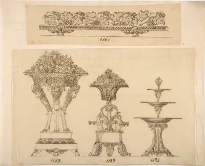 Designs for a Decorative Frieze, Two Planters and a Server
