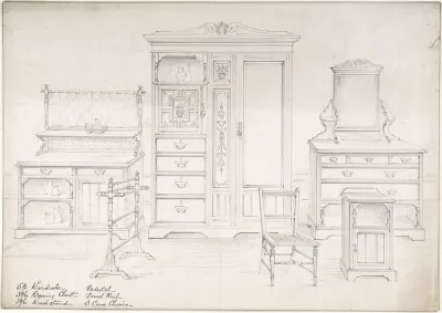 Designs for a Wardrobe, Dressing Chest, Wash Stand, Pedestal, Towel Rail and Cane Chairs