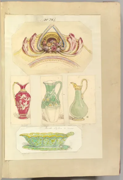 Designs for an Pierced Border Ornament, Three Pitchers and an Open Basin (recto); Design for a Candle Stick (verso)