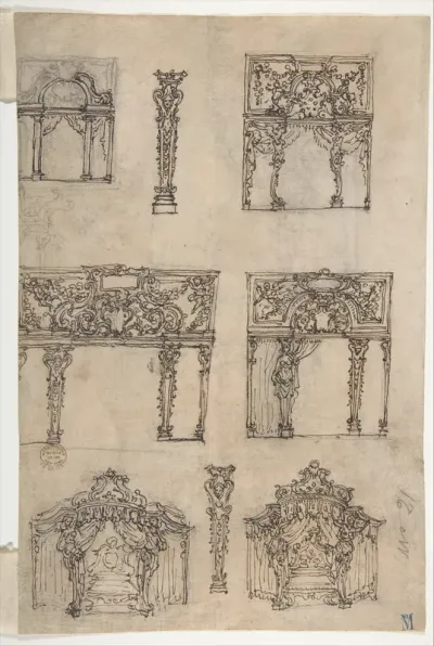 Designs for Archways and Baldachins with Caryatids and Coats of Arms (recto); Design for a Monument with Statues of Prudence and Fortitude (verso)