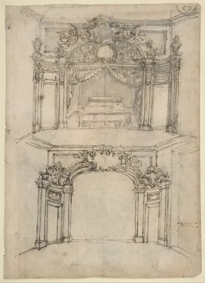 Designs for Bed Alcoves (recto); Studies for a figure of St. John the Baptist and a Bed Alcove (verso)