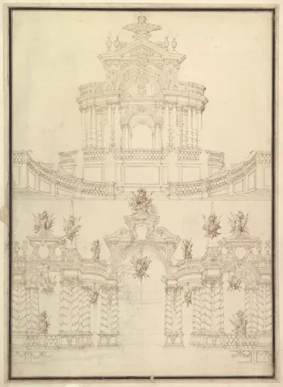 Designs for Components of Stage Sets: at Bottom: Spiral and Wreathed-Colonnaded Pavillion with Central Arch Surmounted by Military Trophy and Another Hanging Inside Arch; at Top: Centralized Pavillion Decorated by Pediment Surmounted by Fountain