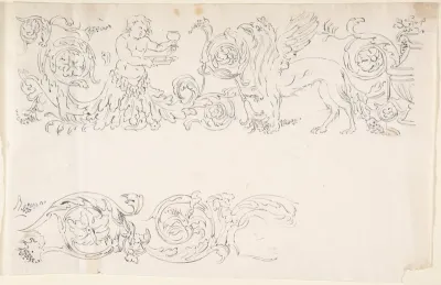 Designs for Decorative Borders with Floral Ornamentation and a Putto and Griffin