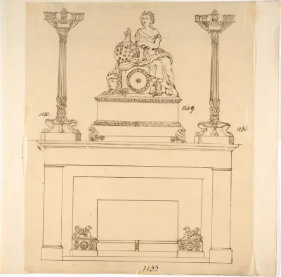 Designs for Fireplace Iron, Mantle Candlesticks and a Clock