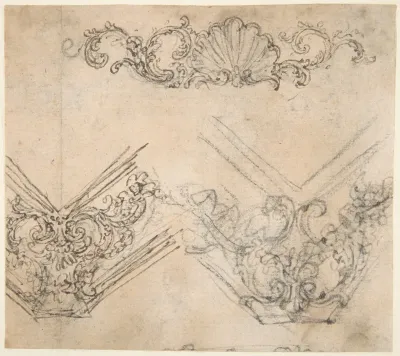 Designs for the Decoration of a Frieze and Corner Motifs (recto); Design for Two Frames Decorated with Volutes, Garlands and the Head of a Putto (verso)