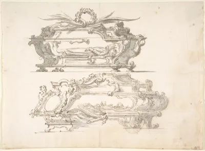 Designs for Two Reliquary Caskets; at top Bishop; at bottom: Skulls and Bones