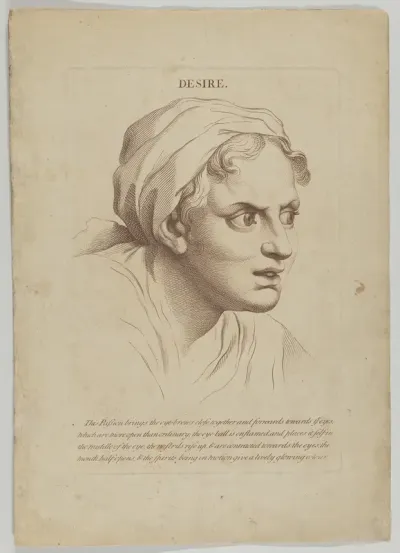 Desire, plate 8 from "Heads Representing the Various Passions of the Soul; as they are Expressed in the Human Countenance: Drawn by that Great Master Monsieur Le Brun"