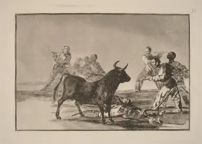 Desjarrete de la canalla con lanzas, medias-lunas, banderillas y otras armas (The Rabble Hamstring the Bull with Lances, Sickles, Banderillas and Other Arms)