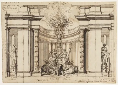 Det indre af et tempel med det danske våben og de oldenborgske kongers stamtræ