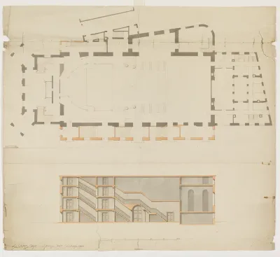 Det Kgl. Teater. Plan med midterbygning, operamaskinhus, forbygning, tilskuerplads, bagbygning og trappehuse