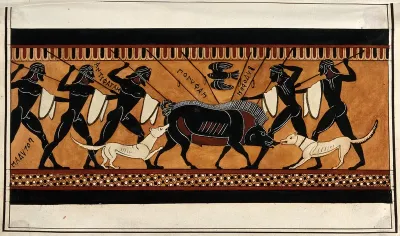 Detail of a frieze decorating a Greek black-figured column krater representing a group of naked men with spears and dogs hunting a wild boar; principal scene of the "Hunt krater", made in Corinth ca