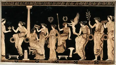 Detail of a frieze decorating a Greek red-figured vessel (probably a vase) representing a group of richly dressed young women and a seated woman holding a sceptre (Athena ?)