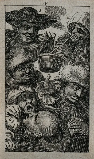 Detail of an audience at a cockfight with a man lighting his pipe