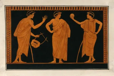 Detail of decoration of a red-figured Greek vessel showing three youths, one holding a ball, one holding a lyre ?