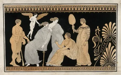 Detail of the decoration of a red-figured Greek strorage jar (pelike) showing a seated man, a seated woman (Demeter ?), a woman and a servant holding a fan, a naked man (Demophoon ?) and a winged figure