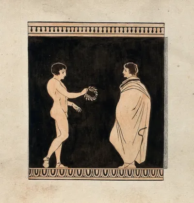 Detail of the decoration of a red-figured Greek vessel showing a naked youth offering a wreath of flowers to a draped man
