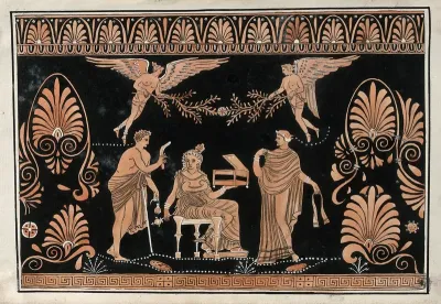 Detail of the decoration of a red-figured Greek vessel showing a seated woman holding an open casket (Pandora ?) surrounded by two men and two winged figures