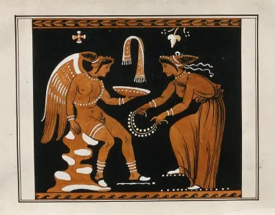Detail of the decoration of a red-figured Greek vessel showing a woman bringing flowers to a seated winged figure holding a plate