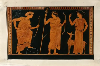 Detail of the decoration of a red-figured Greek wine-mixing bowl (column-krater) showing two youths holding bows and a young woman with a dog (Artemis ?)