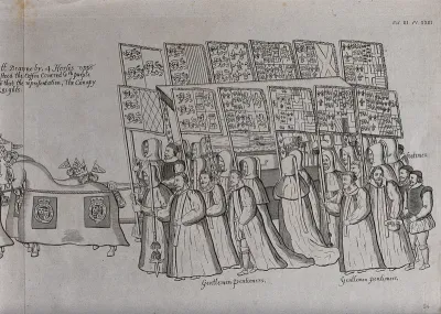 Detail of the funeral procession of Queen Elizabeth I, showing the "Gentlemen Pentioners" carrying flags and banners