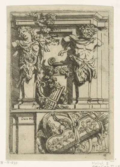 Detail van een scheidingswand of voetstuk met hermen