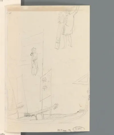 Detail van vaartuig, vrouw en een man met een schild