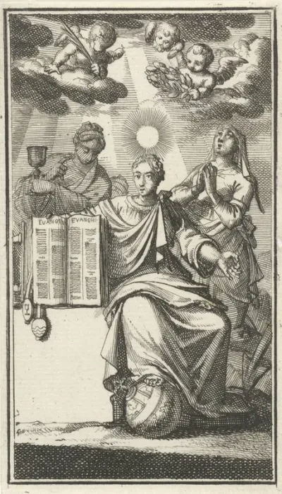 Deugd toont, geflankeerd door het Geloof en de Hoop, het evangelie