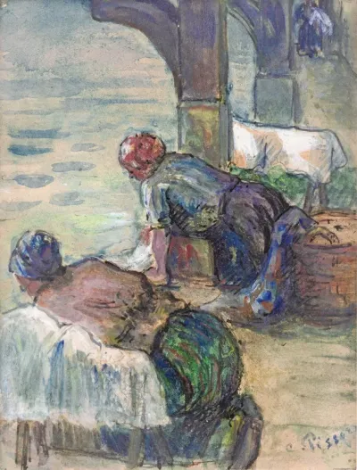 Deux femmes agenouillées au lavoir