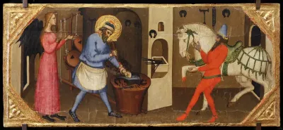Deux scènes de la Légende de saint Eloi (le "diable mouché" et le cheval ferré)