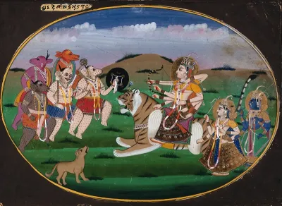 Devi Durga on a tiger draws her bow and arrow to battle the demons Chand and Mund (?)