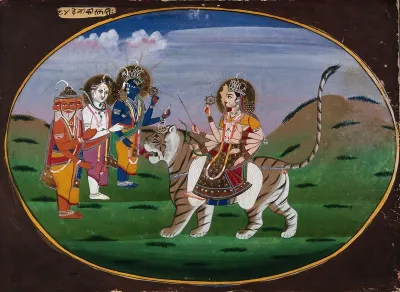 Devi Durga seated on a tiger before Shiva, Vishnu and Brahma