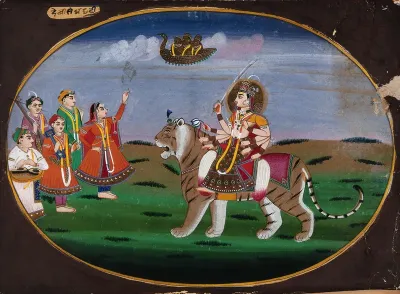 Devi Durga seated on a tiger facing a group of musicians and a dancing girl, who waves to a bird (?) in the sky carrying three people