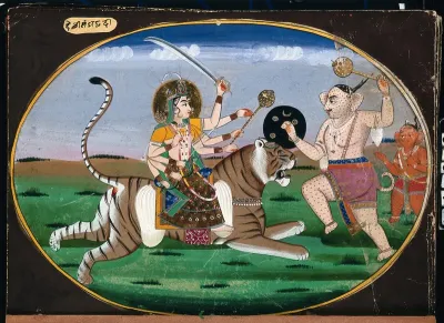 Devi Durga seated on a tiger prepares to battle a demon