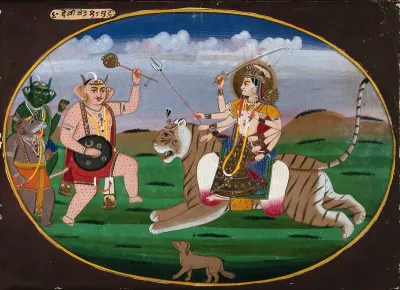 Devi Durga seated on a tiger prepares to battle the demons