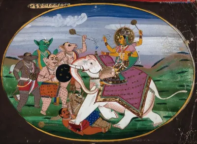 Devi riding on a white elephant tramples over two demons