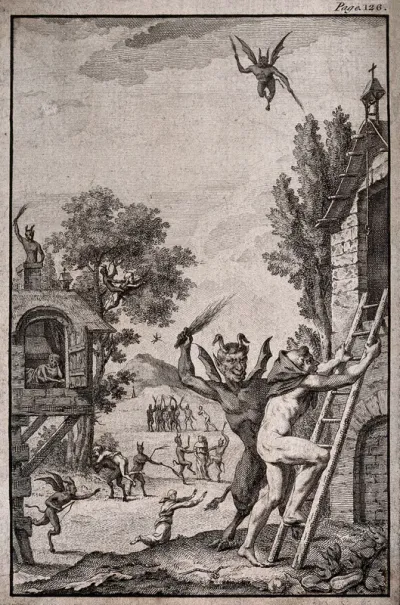 Devils scourging monks in a village