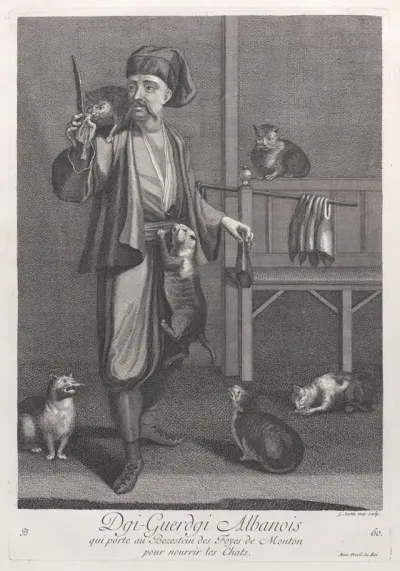 Dgi-Guerdgi Albanois, qui porte au Bezestein des Foyes de Mouton pour nourrir les Chats, plate 60 from "Recueil de cent estampes représentent differentes nations du Levant"
