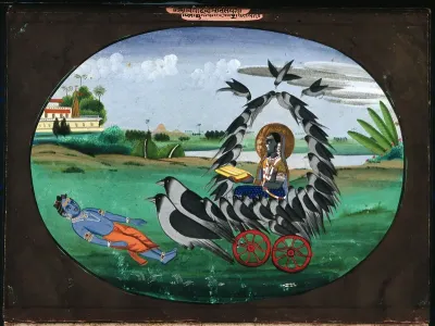 Dhumavati, Hindu goddess of misfortune and unpleasantness, sitting in a chariot drawn by birds before a dead body