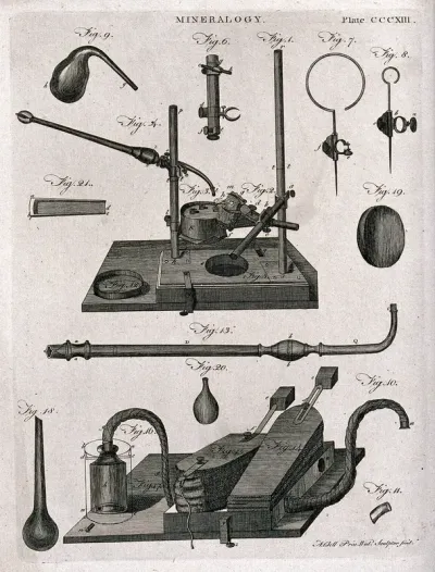 Diagrams illustrating mining implements