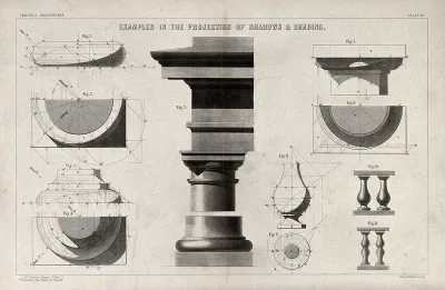 Diagrams of shadows, and renderings of architectural elements with shadows