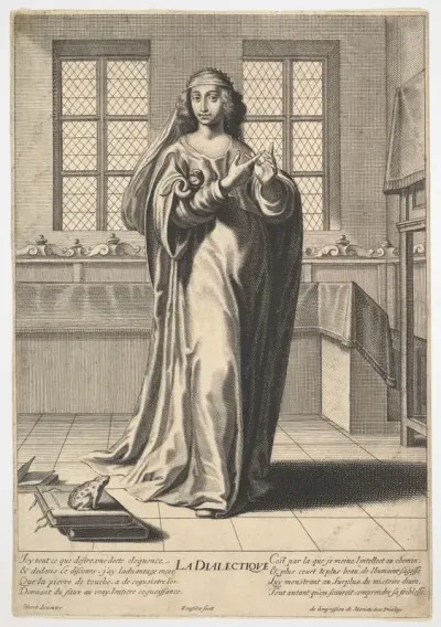 Dialectic: a young woman standing in a decorated interior and touching her right index finger to her left middle finger in a counting gesture, at her feet is a toad seated on a stack of books, from "The liberal arts" (Les arts liberaux)
