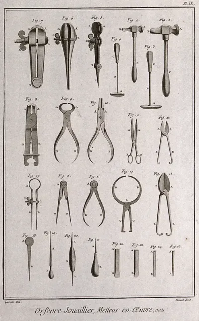 Diamondworks: a selection of mallets, vices, pincers, chisels, and gimlets