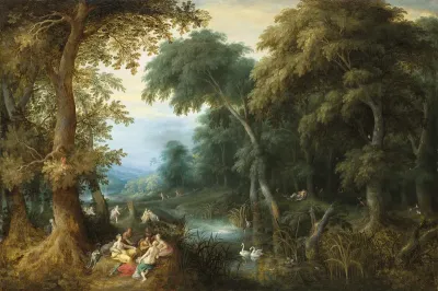 Diana and her nymphs in a wooded landscape