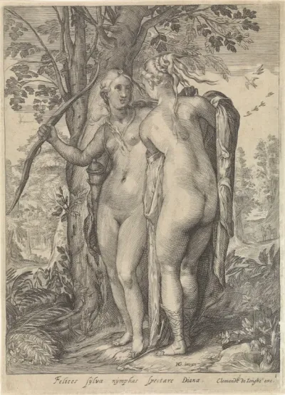 Diana en een nimf voor een boom