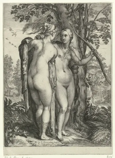 Diana en een nimf voor een boom