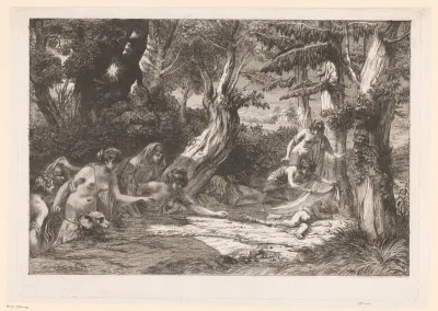Diana en haar nimfen vinden de slapende Cupido in het bos