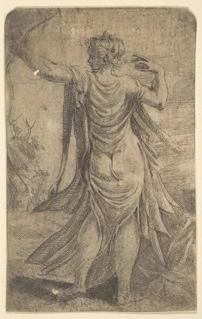 Diana firing her bow viewed from behind
