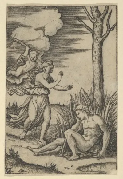 Diana followed by cupid at left, Endymion at right