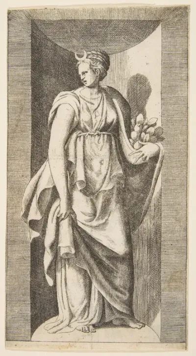 Diana holding fruit in her left hand standing within a niche